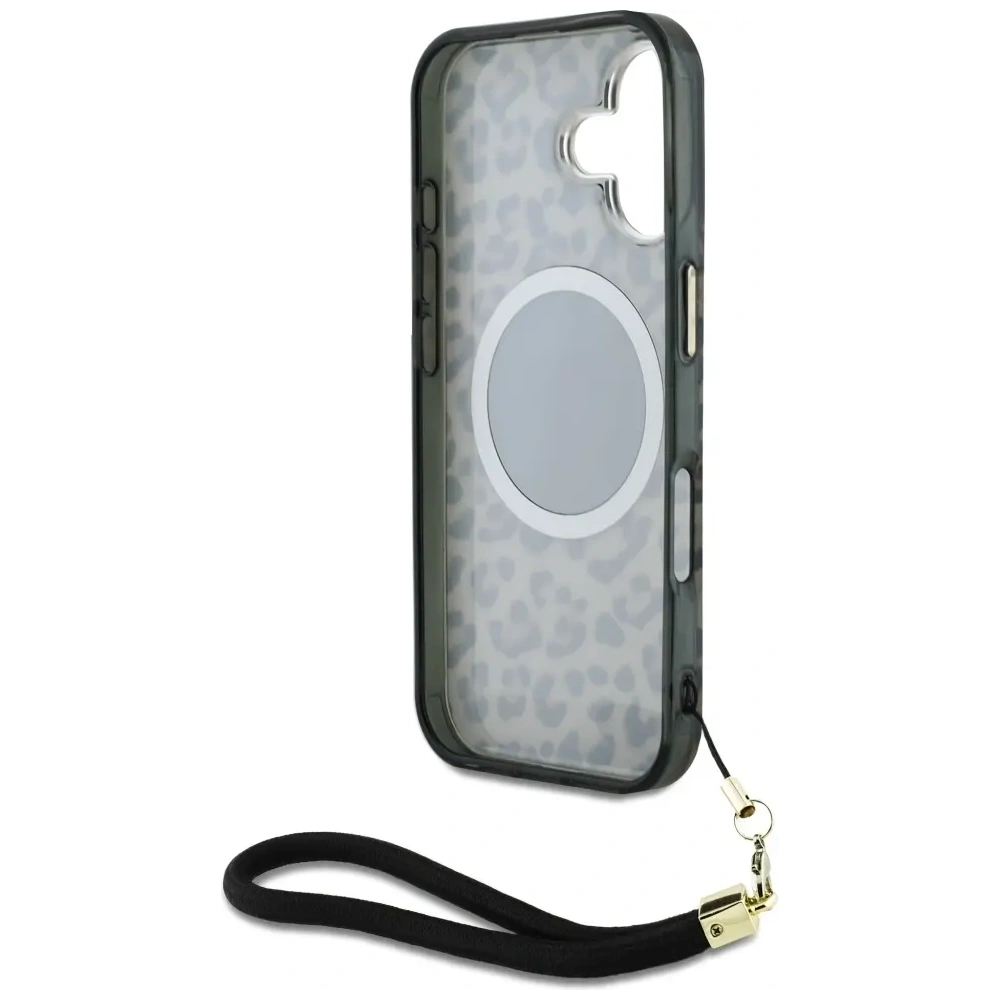 Etui Guess HC IML Leopard Triangle Cord Strap do Apple iPhone 16 MagSafe brązowy