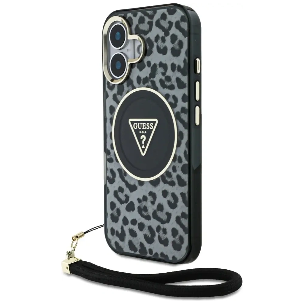 Etui Guess HC IML Leopard Triangle Cord Strap do Apple iPhone 16 MagSafe czarny