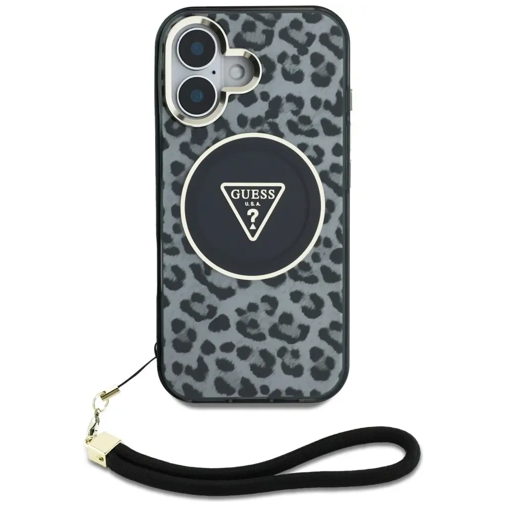 Etui Guess HC IML Leopard Triangle Cord Strap do Apple iPhone 16 MagSafe czarny