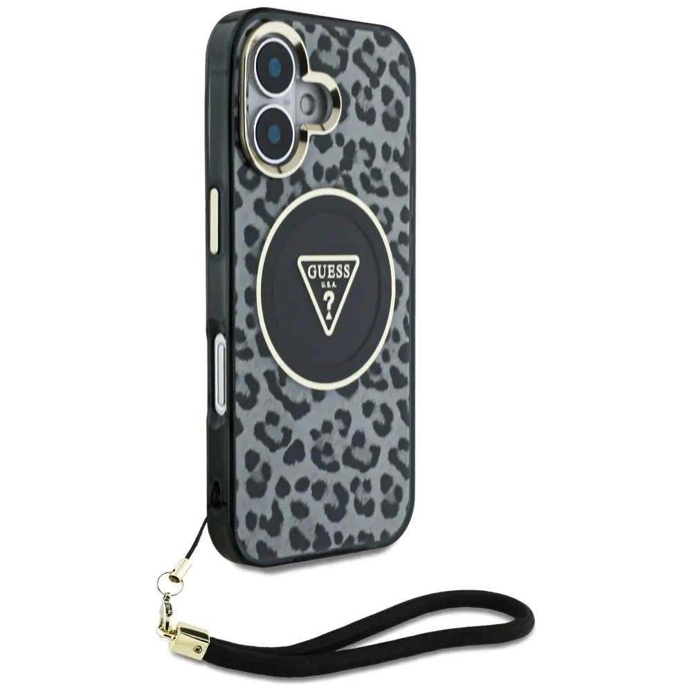 Etui Guess HC IML Leopard Triangle Cord Strap do Apple iPhone 16 MagSafe czarny