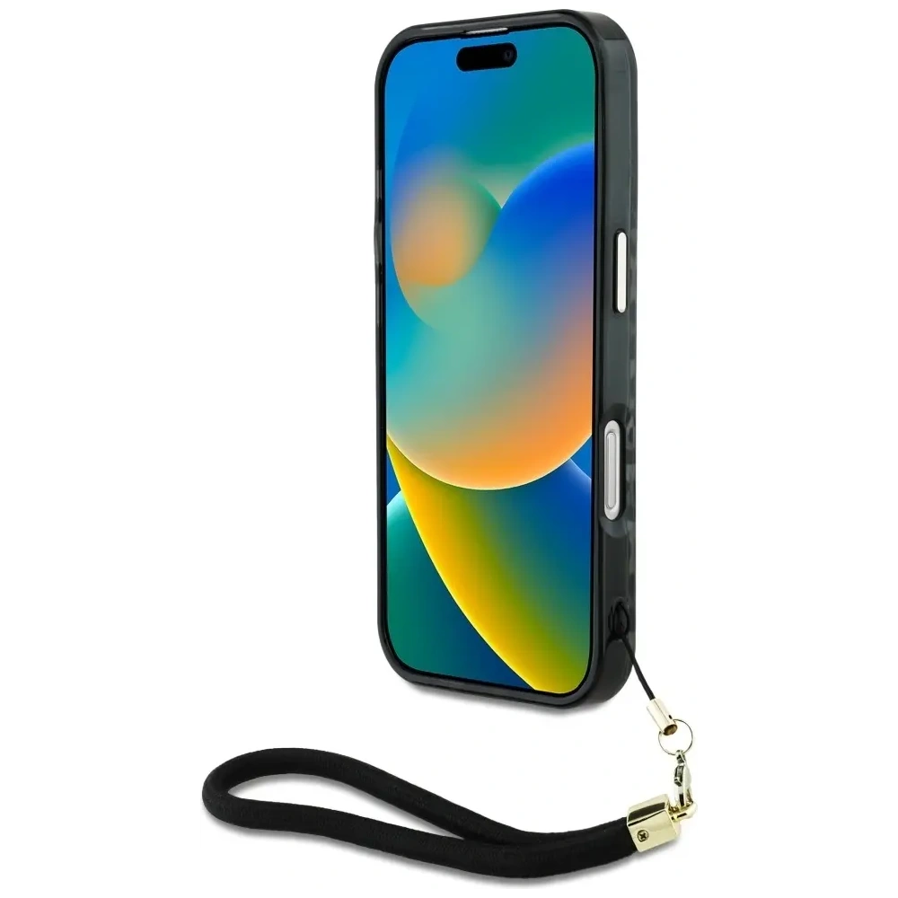 Etui Guess HC IML Leopard Triangle Cord Strap do Apple iPhone 16 MagSafe czarny