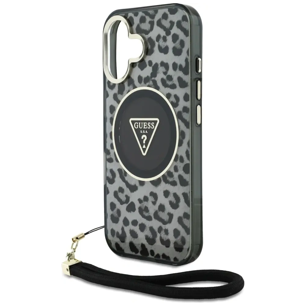 Etui Guess HC IML Leopard Triangle Cord Strap do Apple iPhone 16 MagSafe czarny