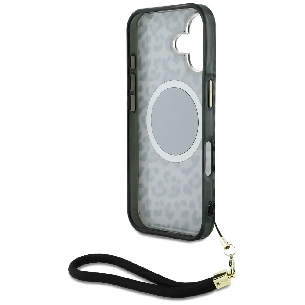 Etui Guess HC IML Leopard Triangle Cord Strap do Apple iPhone 16 MagSafe czarny