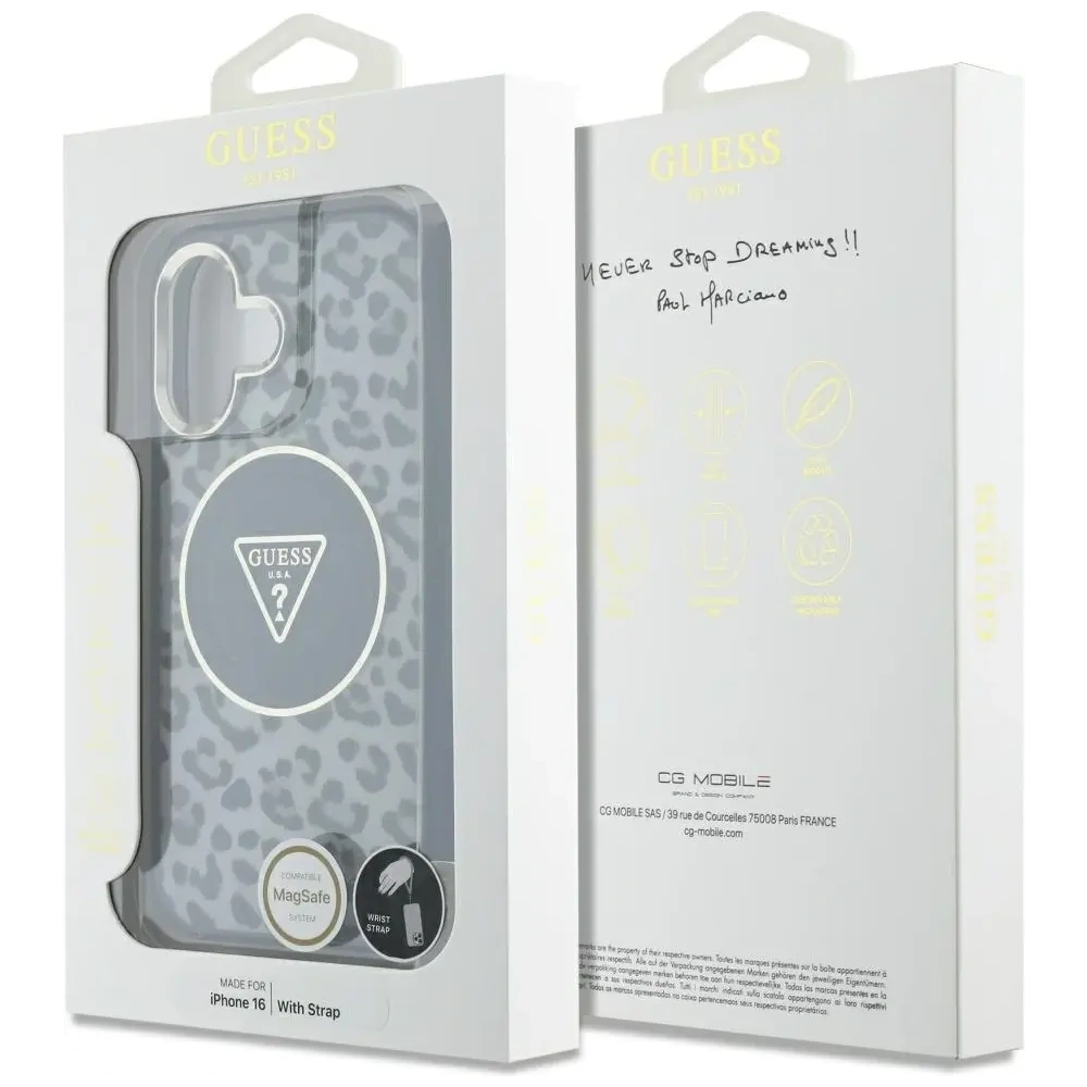 Etui Guess HC IML Leopard Triangle Cord Strap do Apple iPhone 16 MagSafe czarny