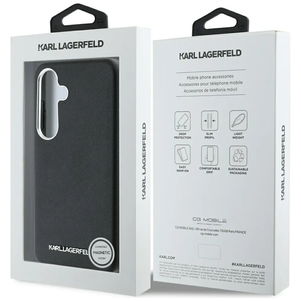 Etui Karl Lagerfeld Saffiano Full Wrapped Elongated Metal Logo MagSafe do Samsung Galaxy S25 czarny