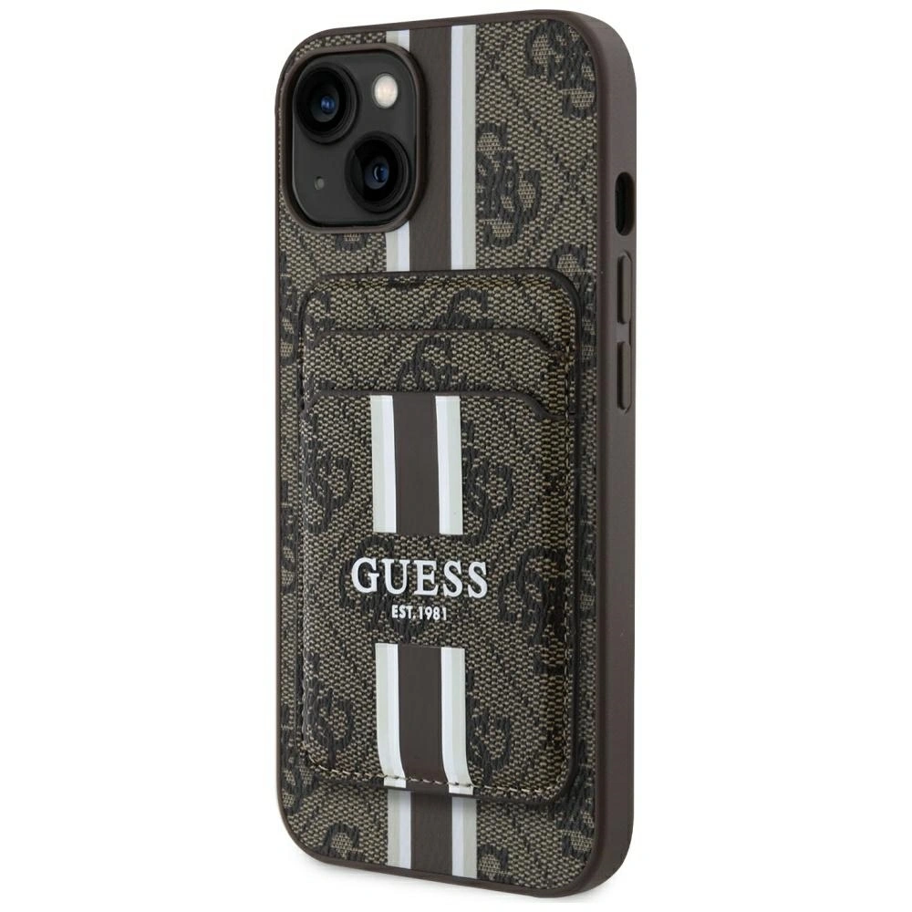 Etui Guess 4G Stripes z portfelem MagSafe do Apple iPhone 15 brązowy