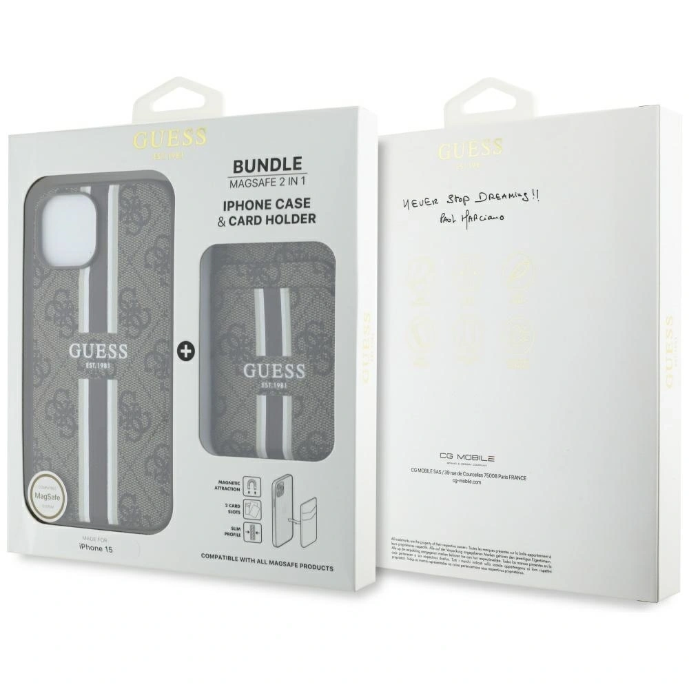 Etui Guess 4G Stripes z portfelem MagSafe do Apple iPhone 15 brązowy