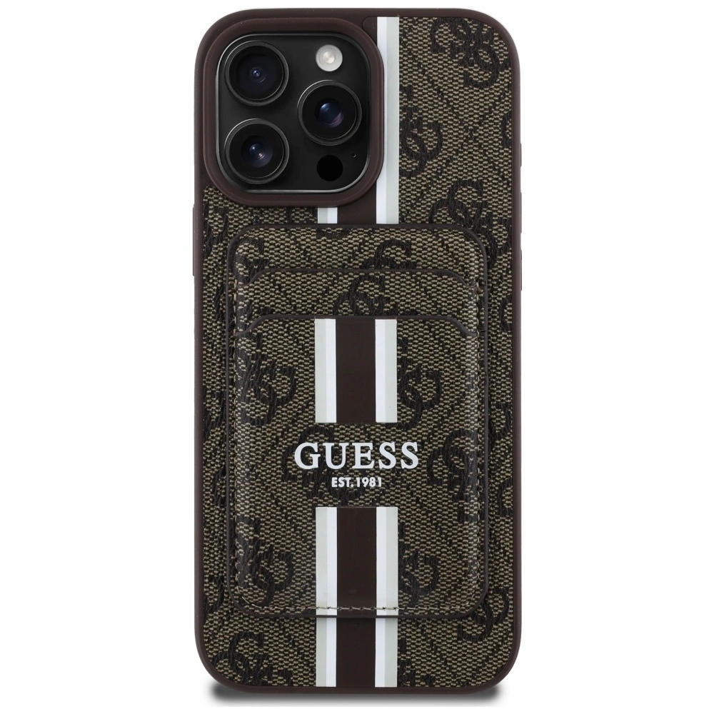 Etui Guess 4G Stripes z portfelem MagSafe do Apple iPhone 16 Pro Max brązowy