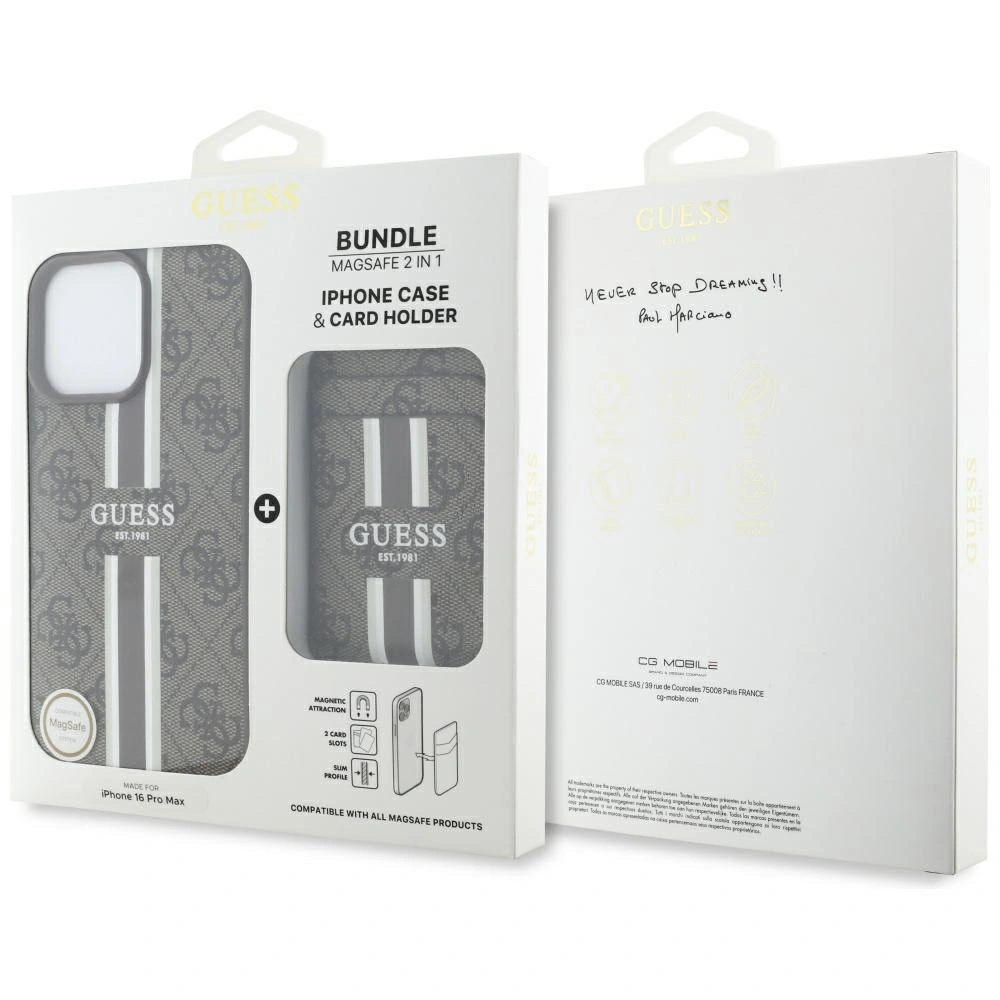 Etui Guess 4G Stripes z portfelem MagSafe do Apple iPhone 16 Pro Max brązowy