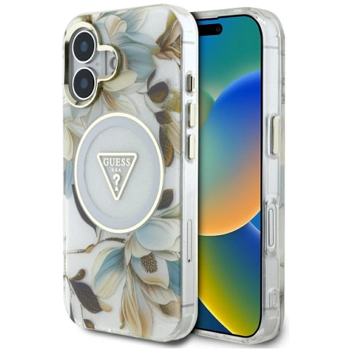 Kup Etui Guess Glitter Flowers Triangle Buttons MagSafe do Apple iPhone 16 biały - GUE4408 - {ean13} - Sklep Home Screen