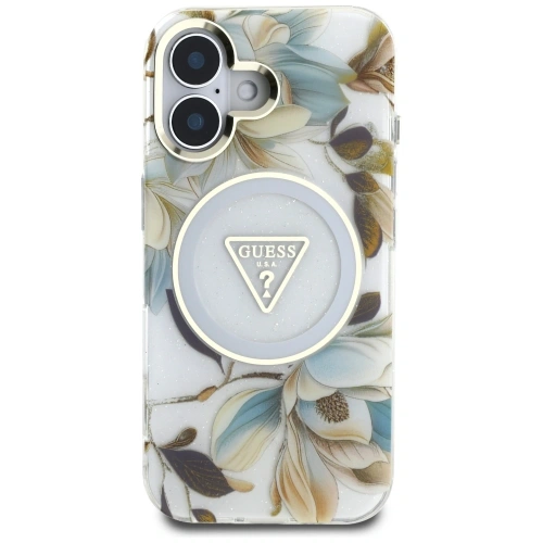 Kup Etui Guess Glitter Flowers Triangle Buttons MagSafe do Apple iPhone 16 biały - GUE4408 - {ean13} - Sklep Home Screen