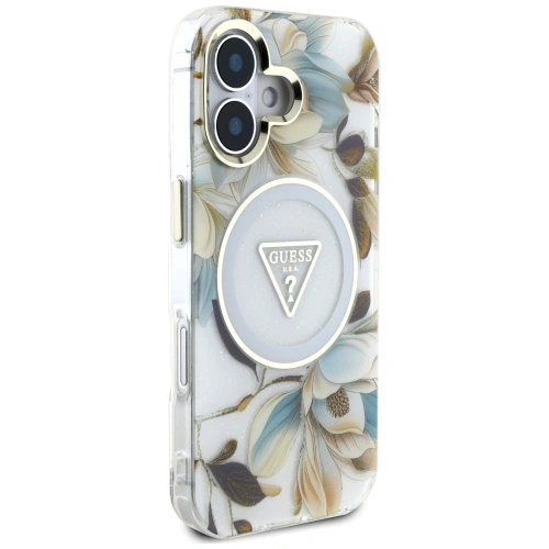 Kup Etui Guess Glitter Flowers Triangle Buttons MagSafe do Apple iPhone 16 biały - GUE4408 - {ean13} - Sklep Home Screen
