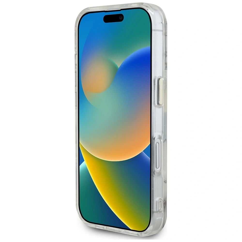 Etui Guess Glitter Flowers Triangle Buttons MagSafe do Apple iPhone 16 biały