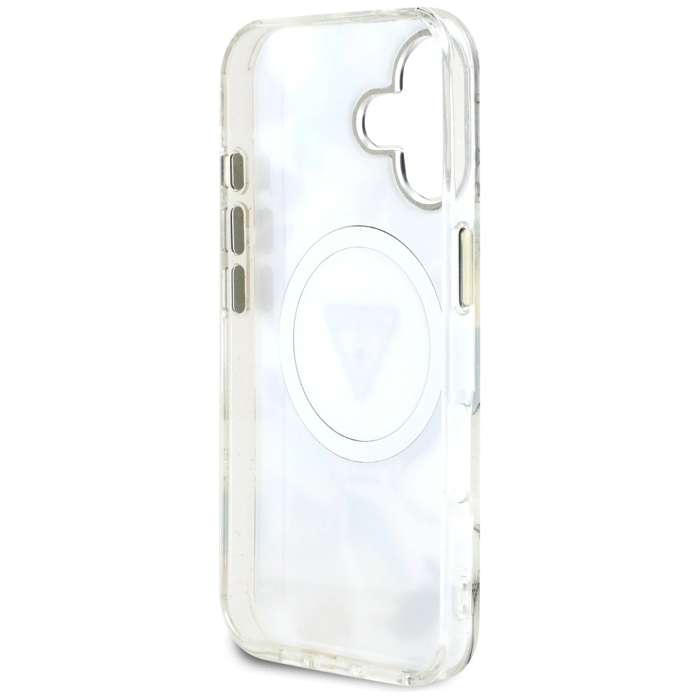 Etui Guess Glitter Flowers Triangle Buttons MagSafe do Apple iPhone 16 biały