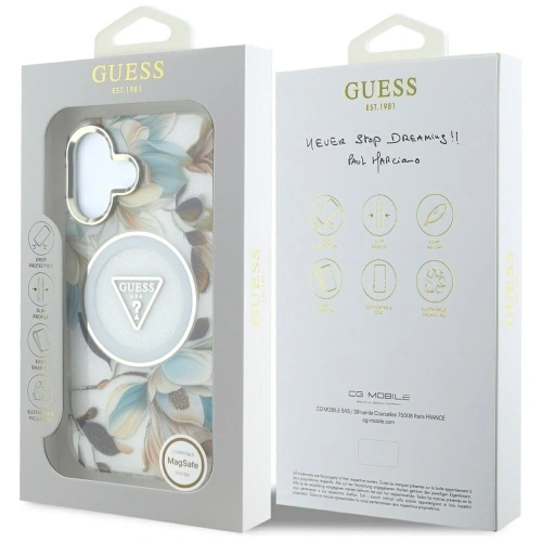 Kup Etui Guess Glitter Flowers Triangle Buttons MagSafe do Apple iPhone 16 biały - GUE4408 - {ean13} - Sklep Home Screen