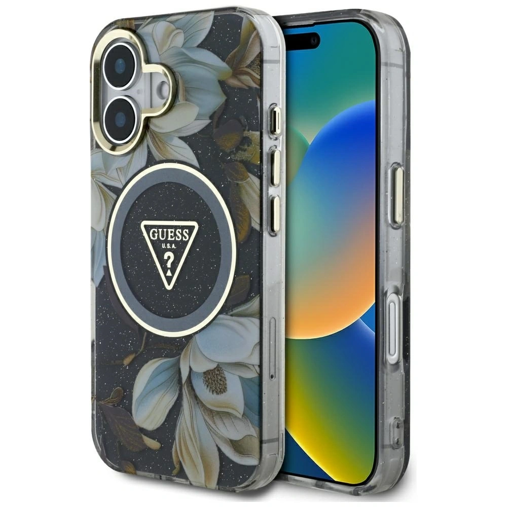 Etui Guess Glitter Flowers Triangle Buttons MagSafe do Apple iPhone 16 czarny