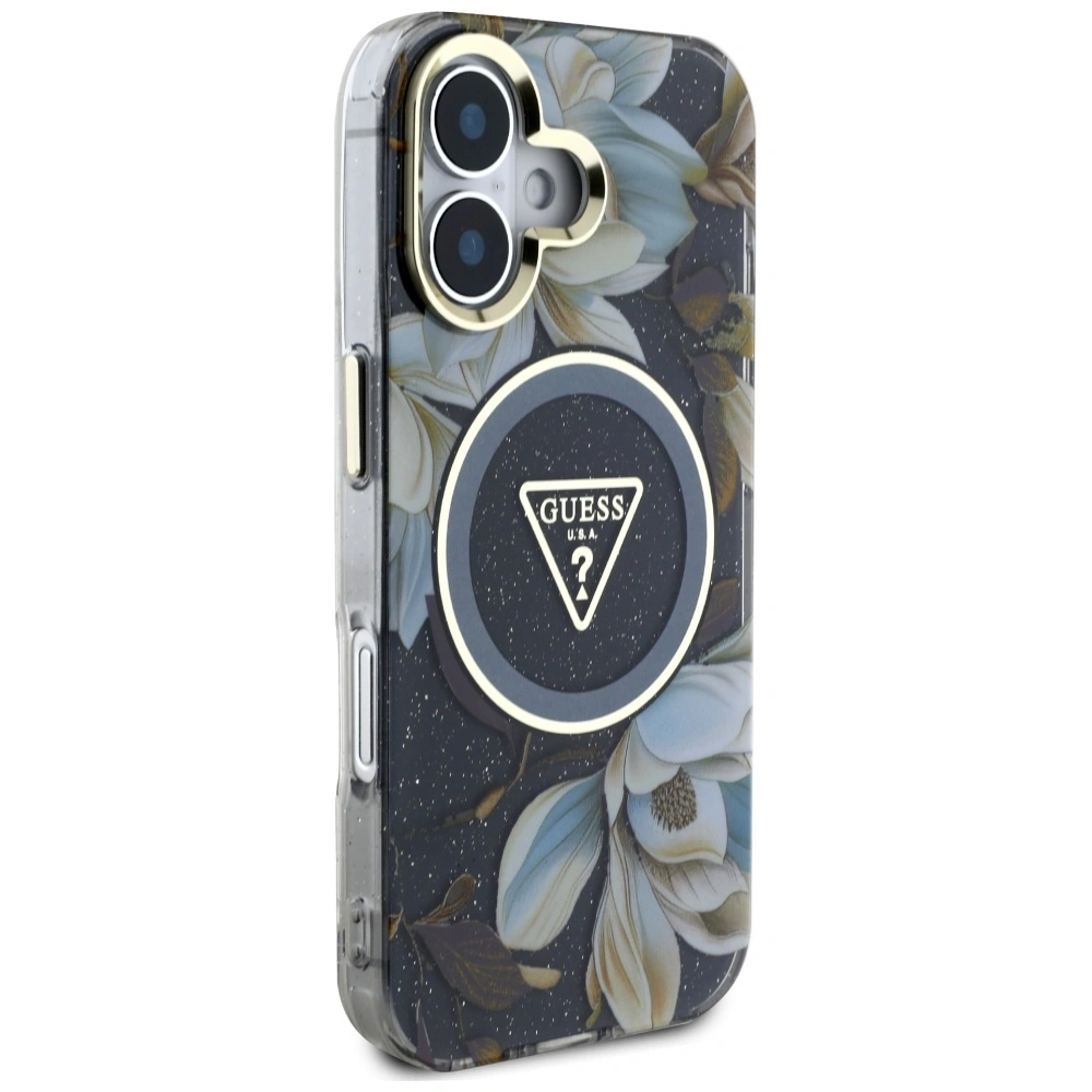 Etui Guess Glitter Flowers Triangle Buttons MagSafe do Apple iPhone 16 czarny