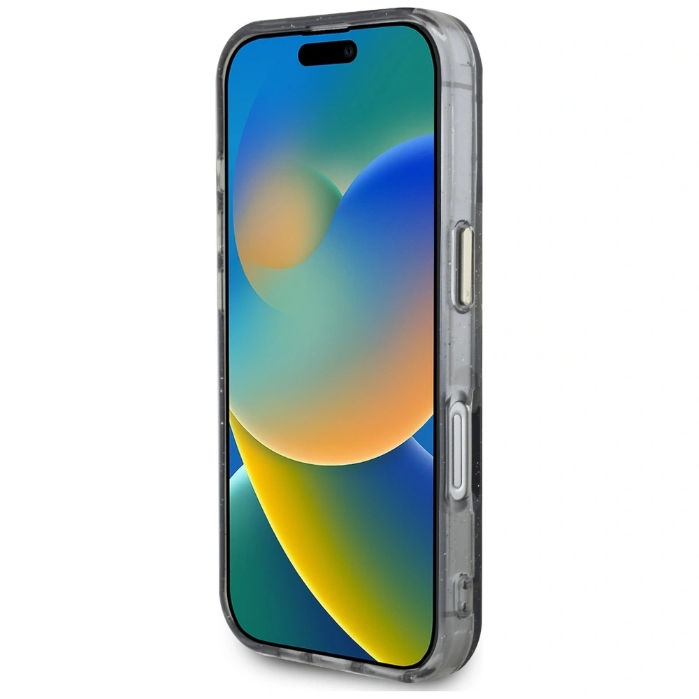 Etui Guess Glitter Flowers Triangle Buttons MagSafe do Apple iPhone 16 czarny