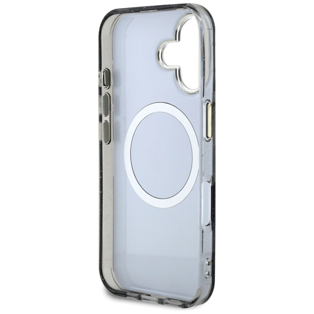 Etui Guess Glitter Flowers Triangle Buttons MagSafe do Apple iPhone 16 czarny