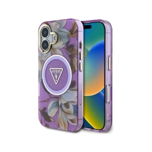 Kup Guess Flori Glitter Butoane Triunghi MagSafe Apple iPhone 16 violet - GUE4410 - {ean13} - Sklep Home Screen