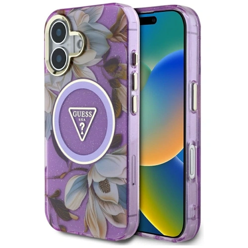 Kup Guess Glitter Flowers Triangle Buttons MagSafe Apple iPhone 16 fialový - GUE4410 - {ean13} - Sklep Home Screen