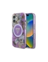 Etui Guess Glitter Flowers Triangle Buttons MagSafe do Apple iPhone 16 fioletowy