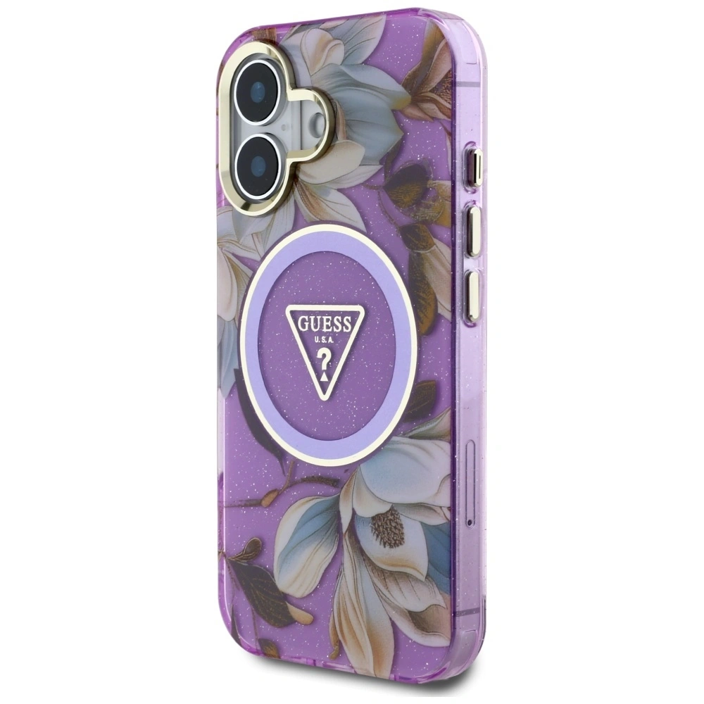Etui Guess Glitter Flowers Triangle Buttons MagSafe do Apple iPhone 16 fioletowy