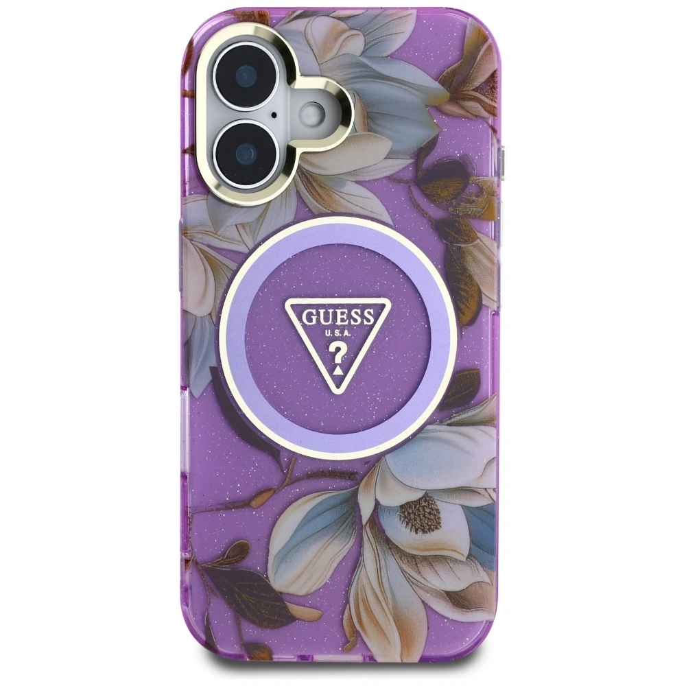 Etui Guess Glitter Flowers Triangle Buttons MagSafe do Apple iPhone 16 fioletowy