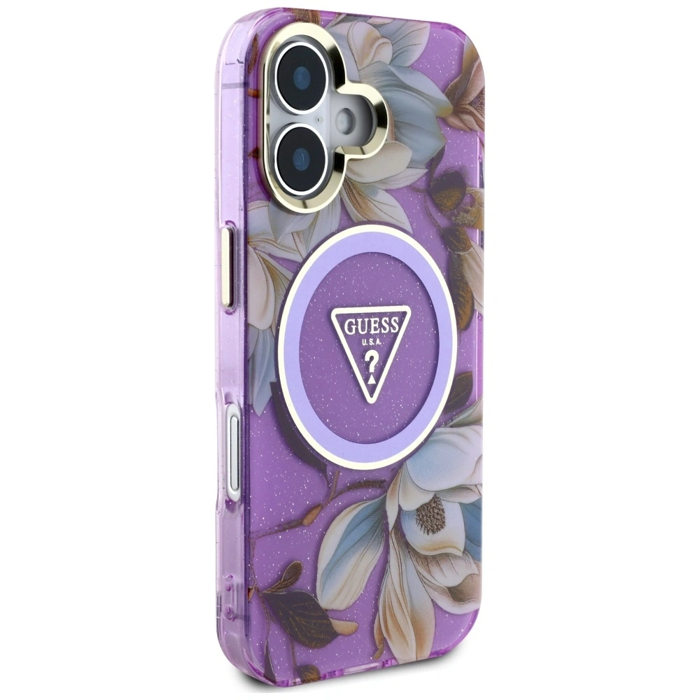 Etui Guess Glitter Flowers Triangle Buttons MagSafe do Apple iPhone 16 fioletowy
