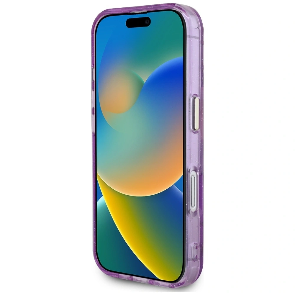 Etui Guess Glitter Flowers Triangle Buttons MagSafe do Apple iPhone 16 fioletowy