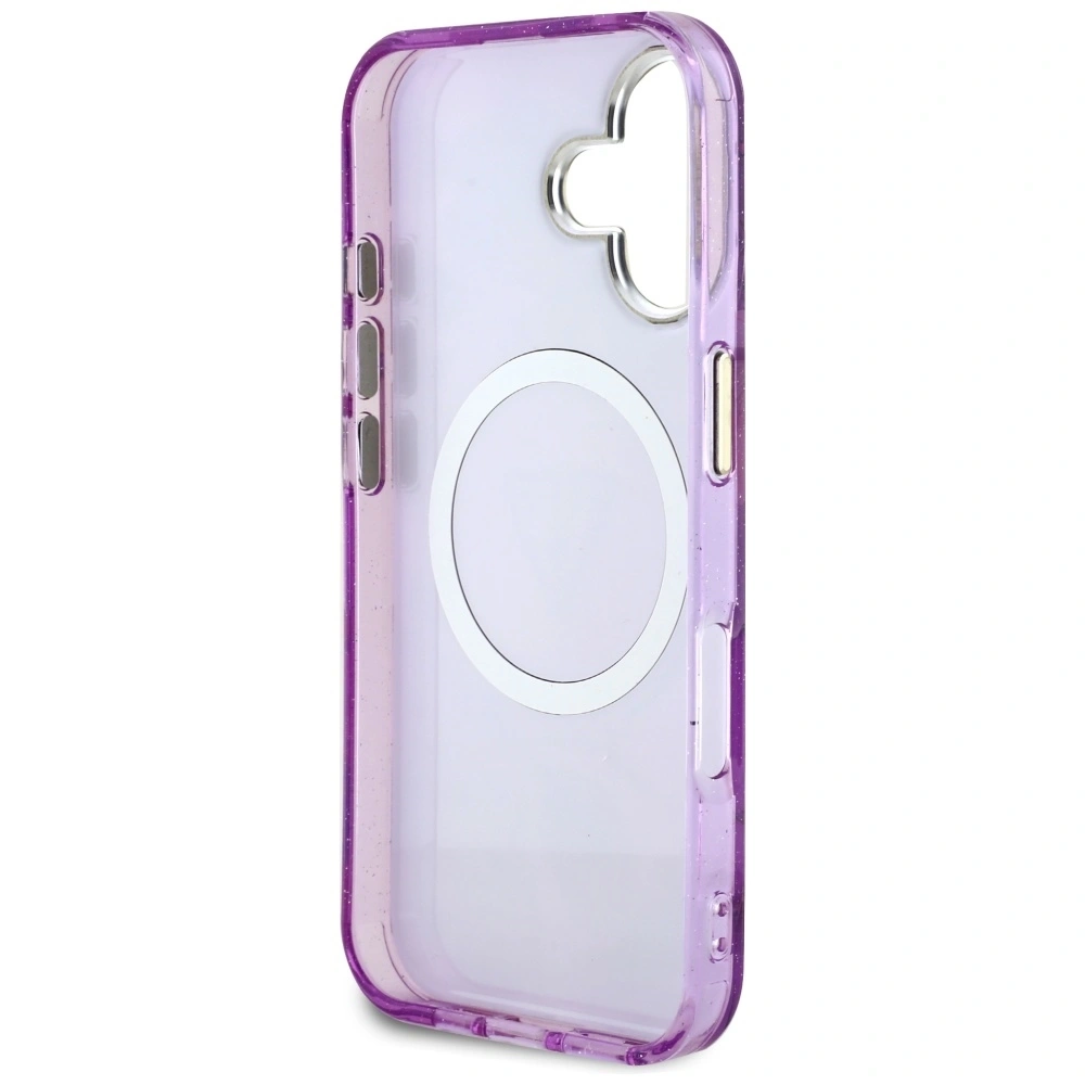 Etui Guess Glitter Flowers Triangle Buttons MagSafe do Apple iPhone 16 fioletowy