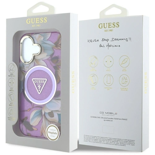 Kup Guess Glitter Flowers Triangle Buttons MagSafe Apple iPhone 16 fialový - GUE4410 - {ean13} - Sklep Home Screen