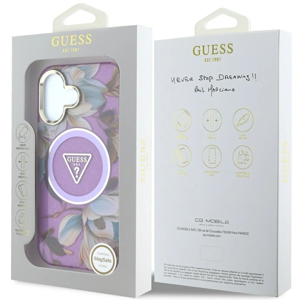 Etui Guess Glitter Flowers Triangle Buttons MagSafe do Apple iPhone 16 fioletowy