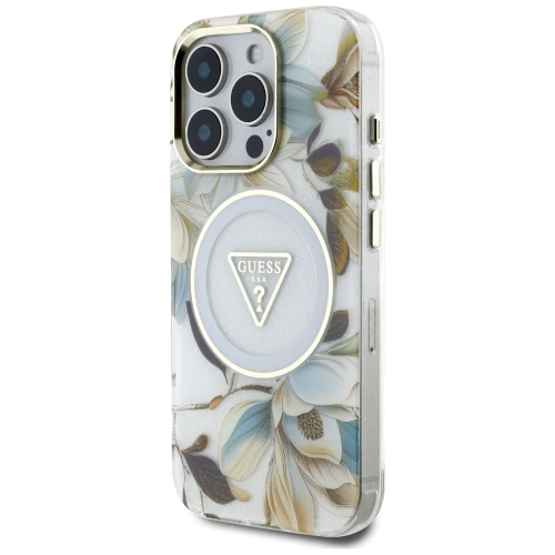 Kup Etui Guess Glitter Flowers Triangle Buttons MagSafe do Apple iPhone 16 Pro biały - GUE4411 - {ean13} - Sklep Home Screen
