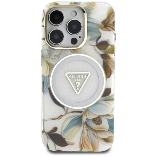 Kup Etui Guess Glitter Flowers Triangle Buttons MagSafe do Apple iPhone 16 Pro biały - GUE4411 - {ean13} - Sklep Home Screen