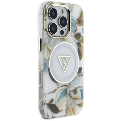 Kup Etui Guess Glitter Flowers Triangle Buttons MagSafe do Apple iPhone 16 Pro biały - GUE4411 - {ean13} - Sklep Home Screen