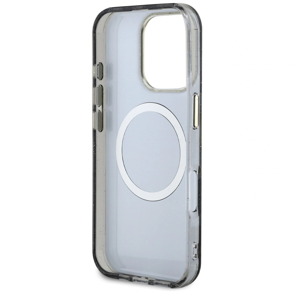 Etui Guess Glitter Flowers Triangle Buttons MagSafe do Apple iPhone 16 Pro czarny