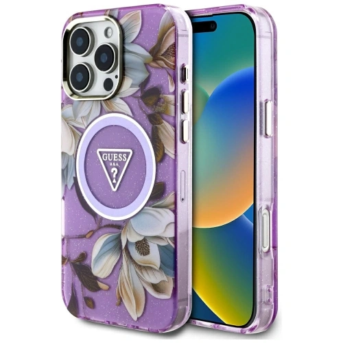 Kup Etui Guess Glitter Flowers Triangle Buttons MagSafe do Apple iPhone 16 Pro fioletowy - GUE4413 - {ean13} - Sklep Home Screen