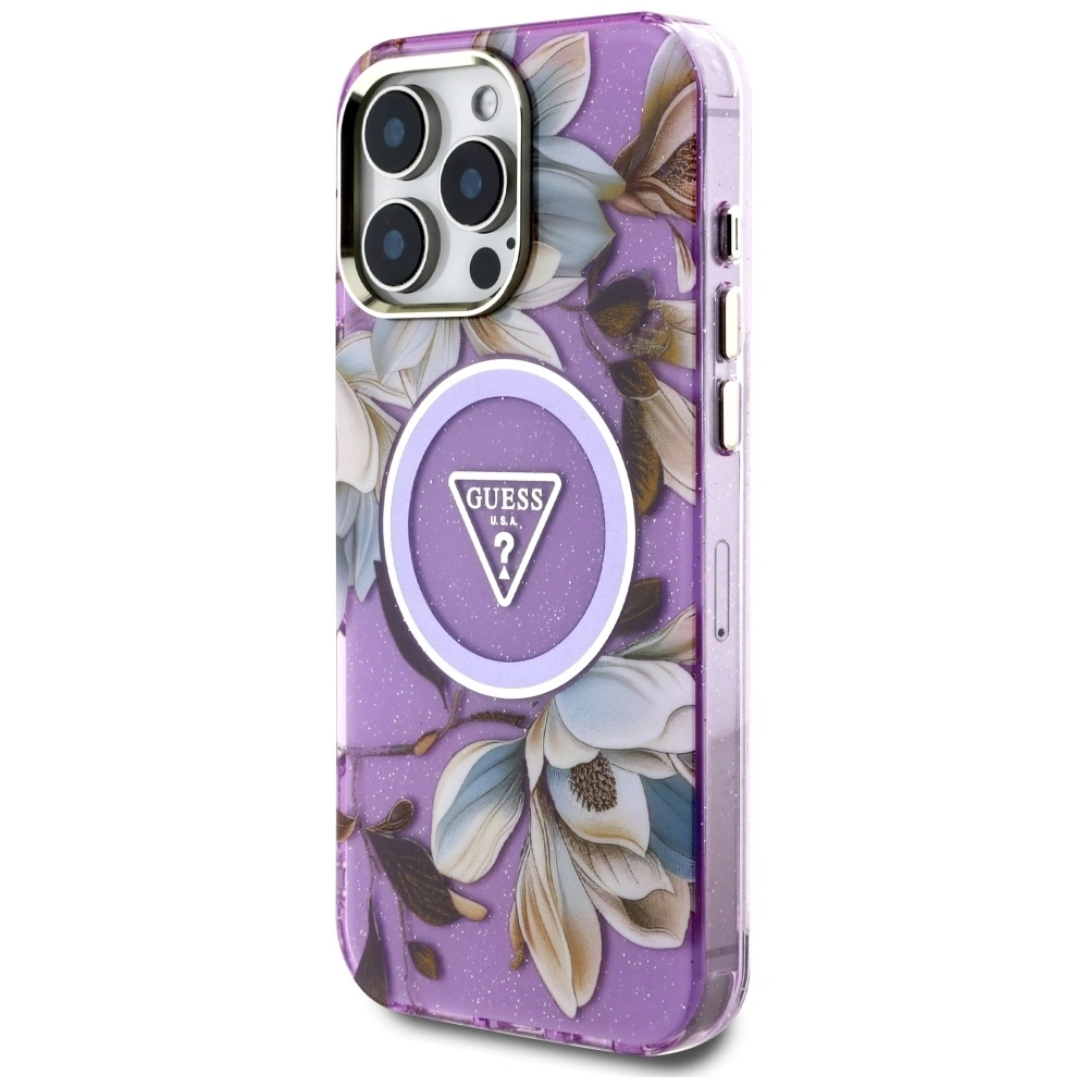 Etui Guess Glitter Flowers Triangle Buttons MagSafe do Apple iPhone 16 Pro fioletowy