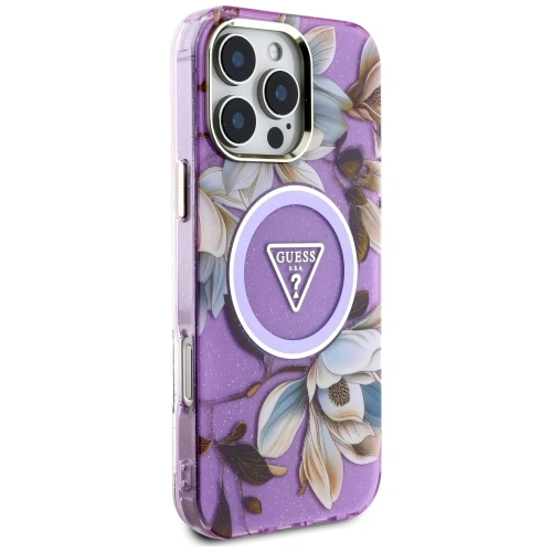 Kup Etui Guess Glitter Flowers Triangle Buttons MagSafe do Apple iPhone 16 Pro fioletowy - GUE4413 - {ean13} - Sklep Home Screen