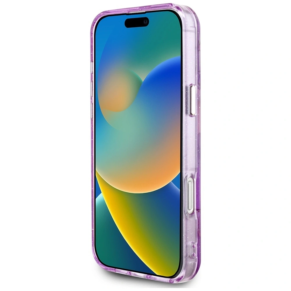 Etui Guess Glitter Flowers Triangle Buttons MagSafe do Apple iPhone 16 Pro fioletowy