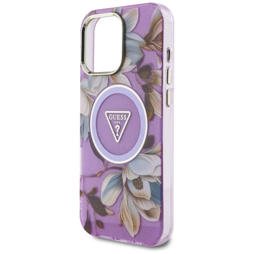 Kup Etui Guess Glitter Flowers Triangle Buttons MagSafe do Apple iPhone 16 Pro fioletowy - GUE4413 - {ean13} - Sklep Home Screen