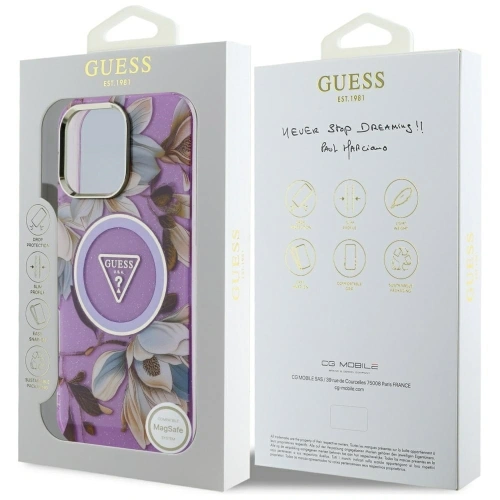 Kup Etui Guess Glitter Flowers Triangle Buttons MagSafe do Apple iPhone 16 Pro fioletowy - GUE4413 - {ean13} - Sklep Home Screen