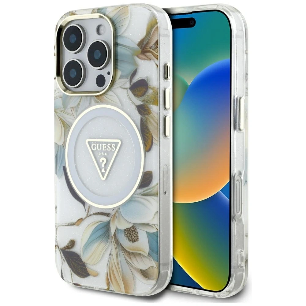 Etui Guess Glitter Flowers Triangle Buttons MagSafe do Apple iPhone 16 Pro Max biały