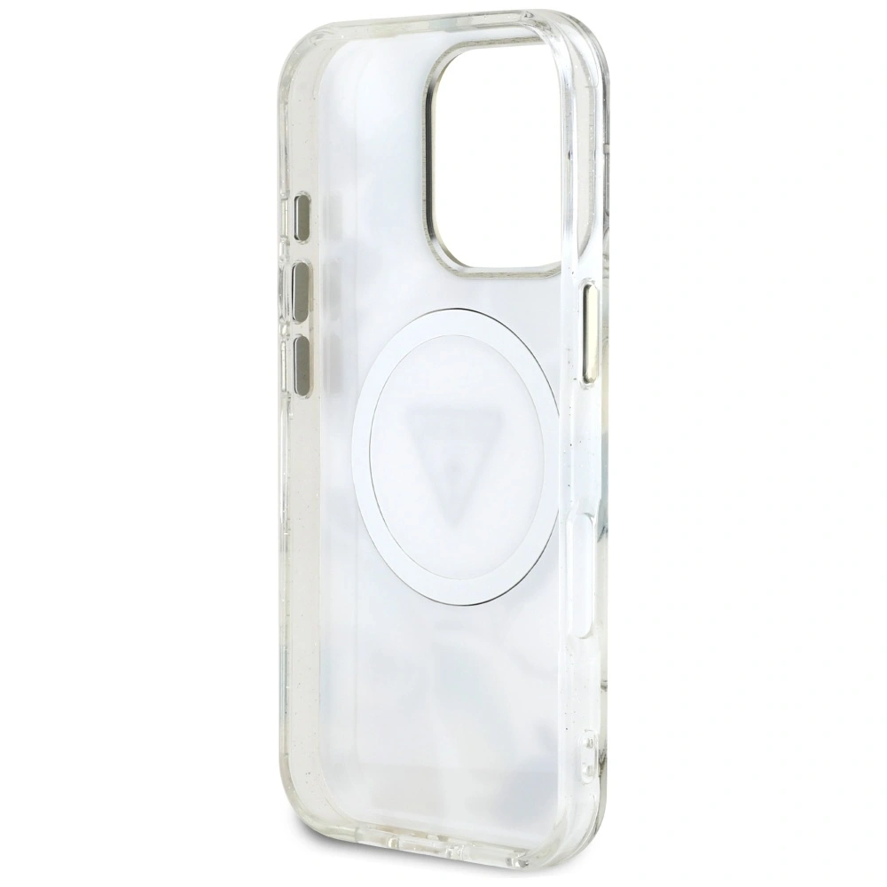 Etui Guess Glitter Flowers Triangle Buttons MagSafe do Apple iPhone 16 Pro Max biały