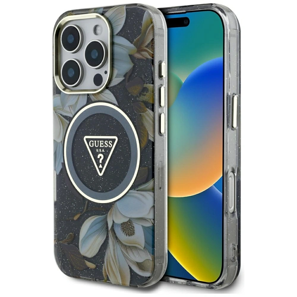 Etui Guess Glitter Flowers Triangle Buttons MagSafe do Apple iPhone 16 Pro Max czarny