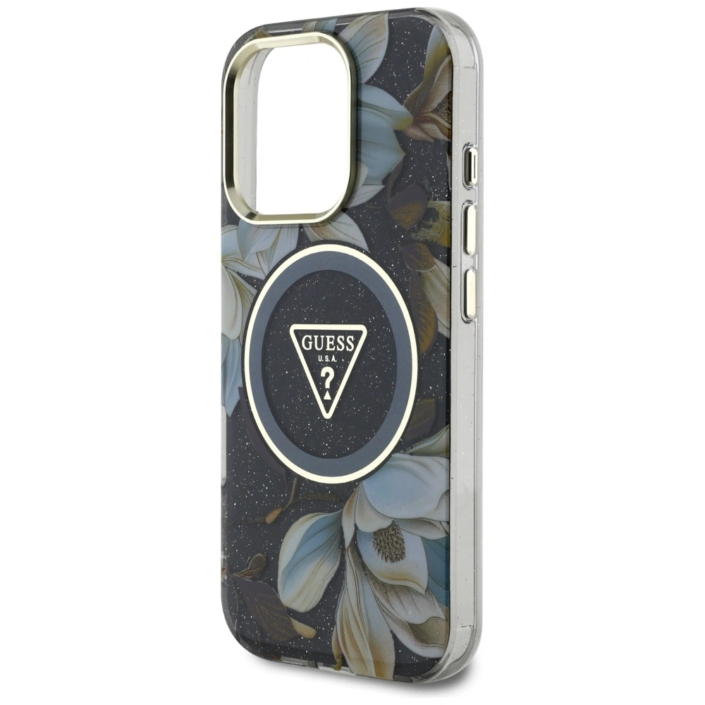 Etui Guess Glitter Flowers Triangle Buttons MagSafe do Apple iPhone 16 Pro Max czarny