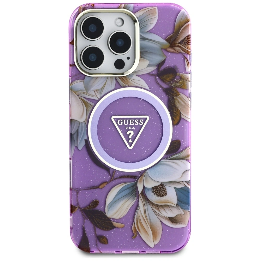 Etui Guess Glitter Flowers Triangle Buttons MagSafe do Apple iPhone 16 Pro Max fioletowy