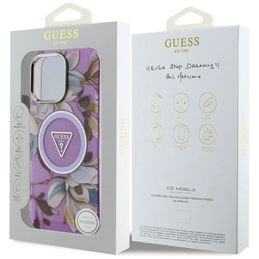 Etui Guess Glitter Flowers Triangle Buttons MagSafe do Apple iPhone 16 Pro Max fioletowy