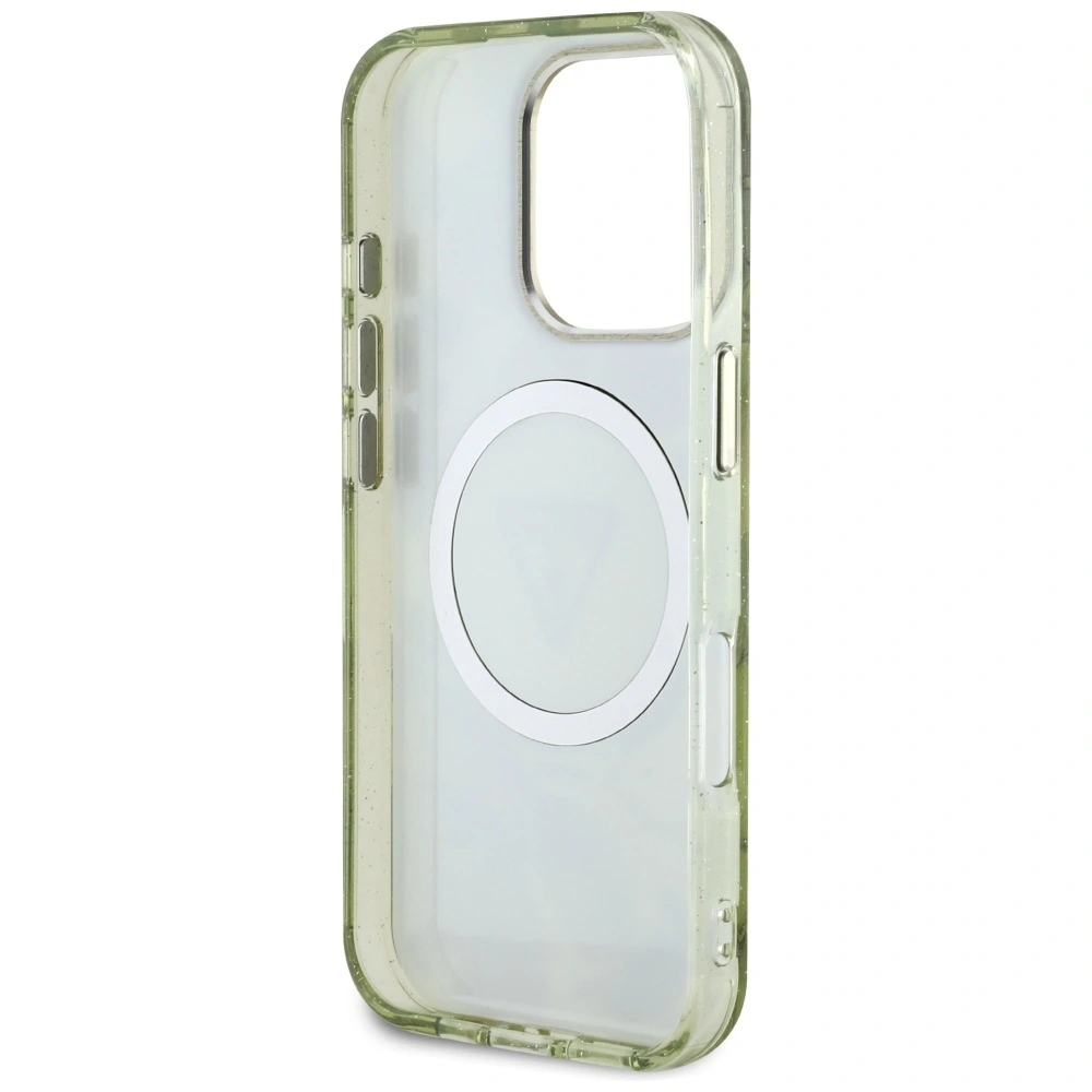 Etui Guess Glitter Flowers Triangle Buttons MagSafe do Apple iPhone 16 Pro Max zielony